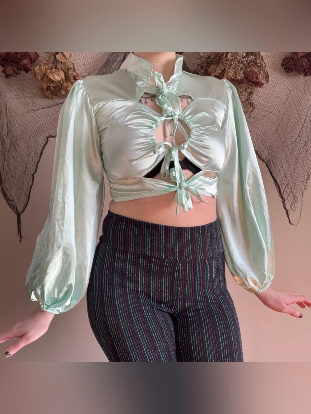 mint green satin blouse with tie front detail and puffy sleeves 🩵💚 | renaissance